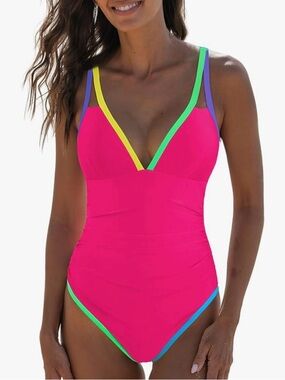 Bright Pink V-Neck One-Piece Swimsuit with Multicolor Trim